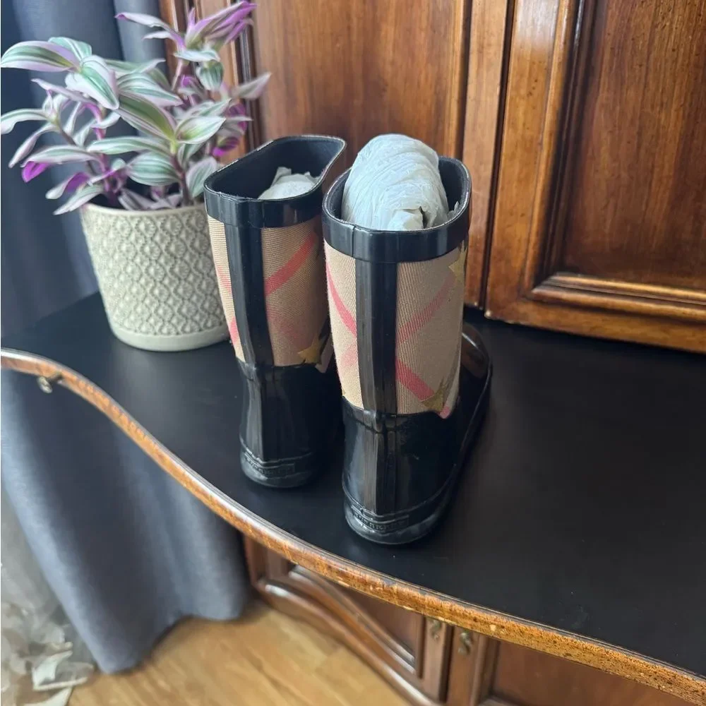 Burberry Black Gloss Rain Boots with Gold Star & Plaid Accent